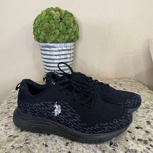 US Polo Assn Womens Black Knit Athletic Sneakers Running Shoes Logo Low Top